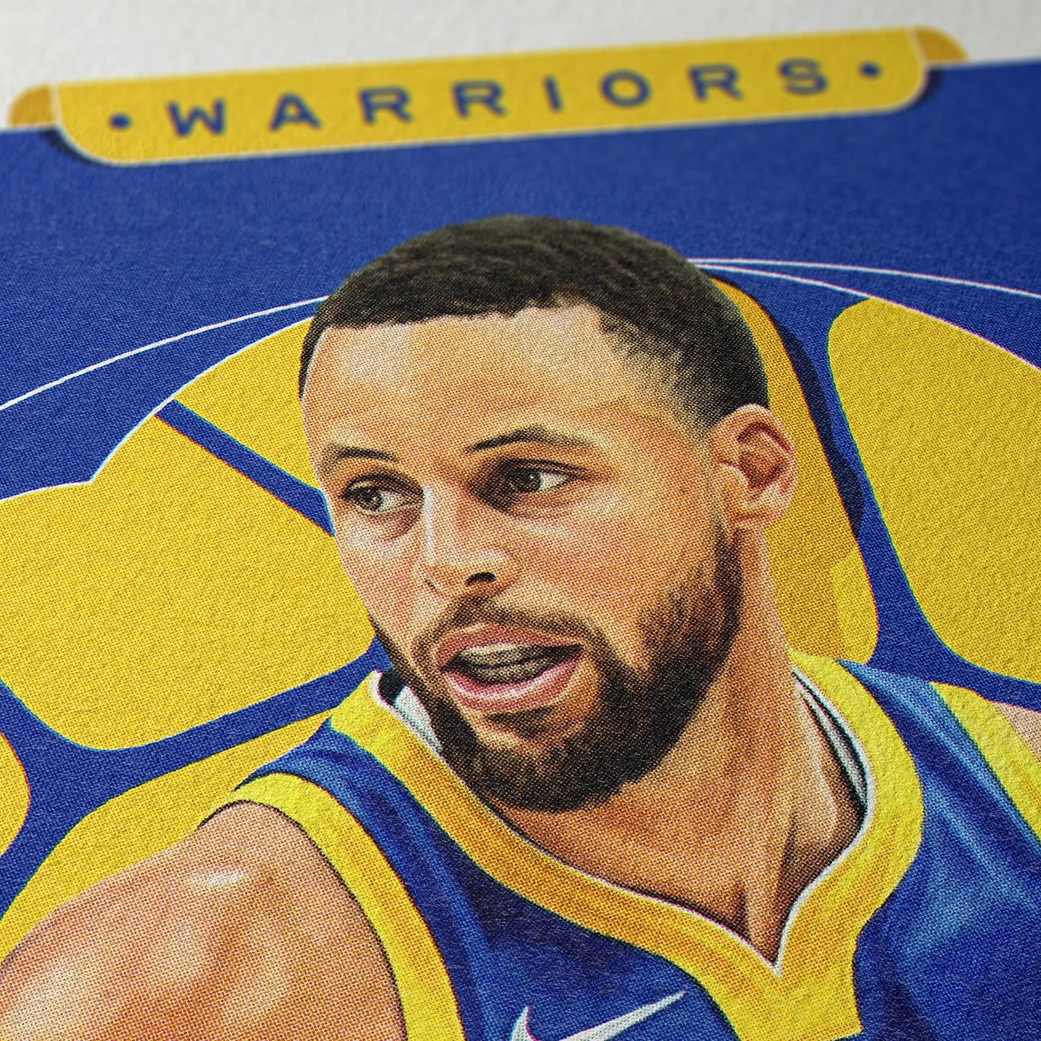 Closeup of our Stephen Curry Golden State Warriors Poster showing the high-definition design quality and vintage graphic elements.