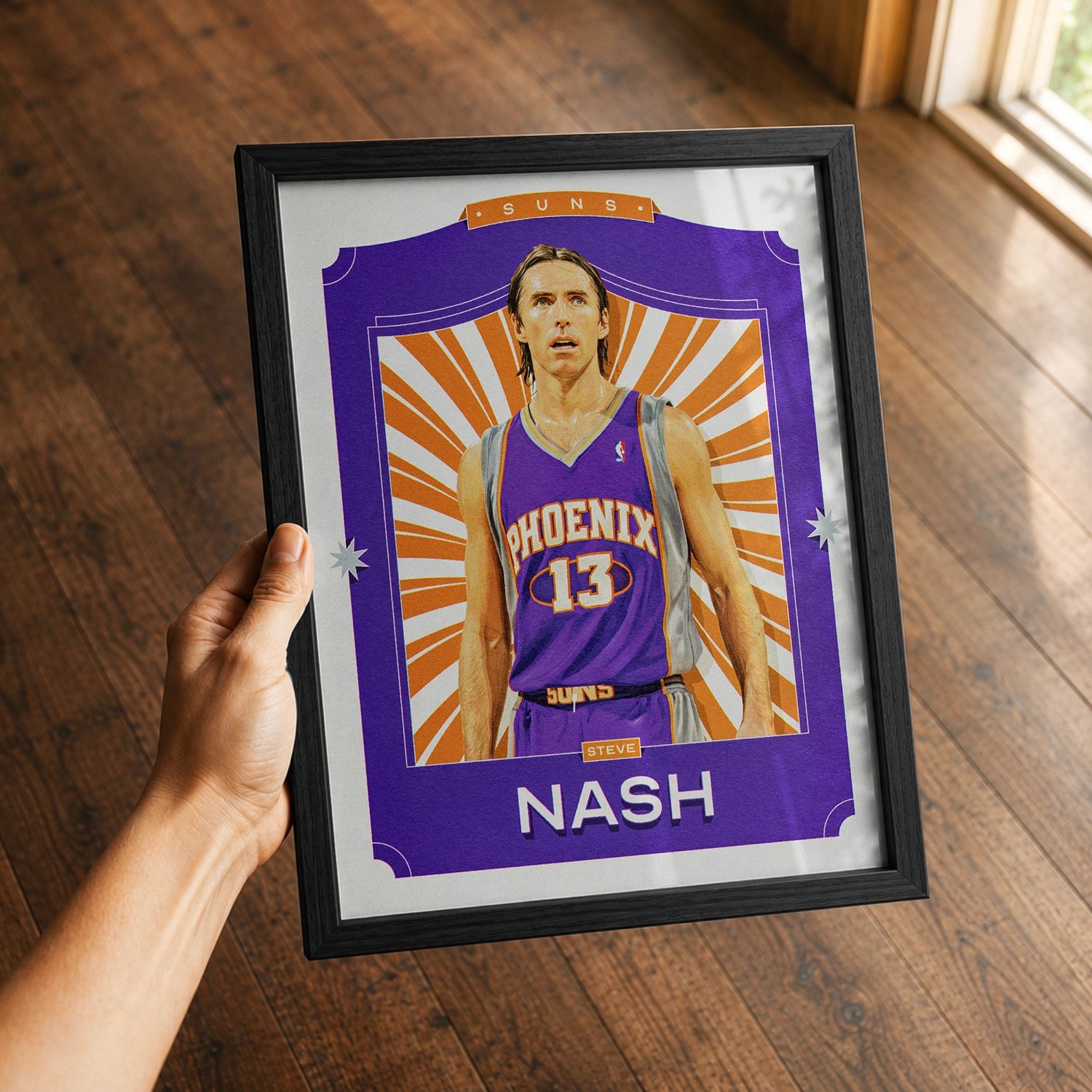 A premium Steve Nash poster in a 8x10 frame being gifted to a Phoenix Suns fan.