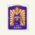 Poster of Steve Nash of the Phoenix Suns in a vintage trading card style.