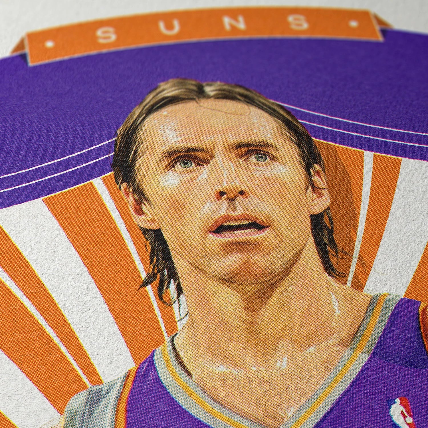 Closeup of our Steve Nash Phoenix Suns Poster showing the high-definition design quality and vintage graphic elements.