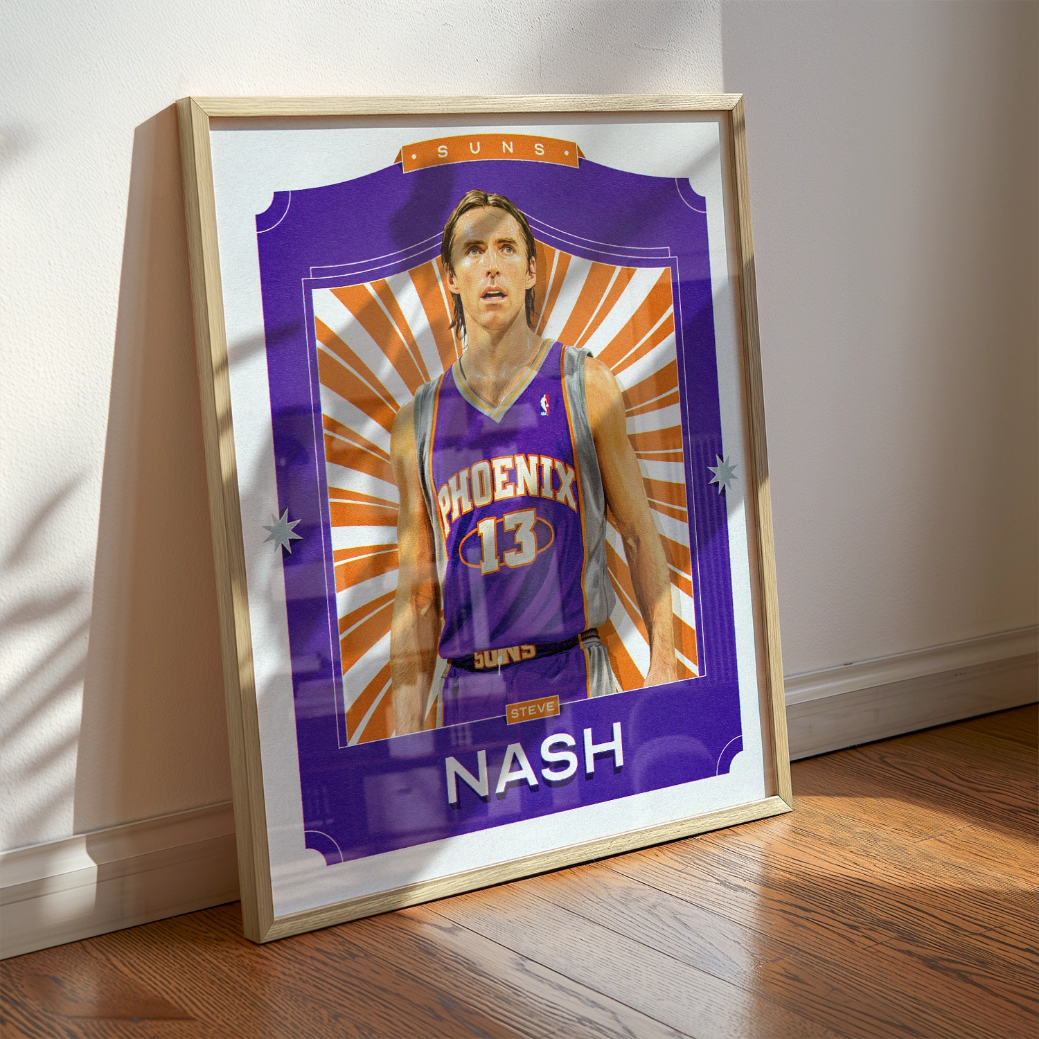 A Steve Nash poster displayed as modern sports wall art in the home of a Phoenix Suns fan.