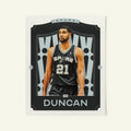 Poster of Tim Duncan of the San Antonio Spurs in a vintage trading card style.