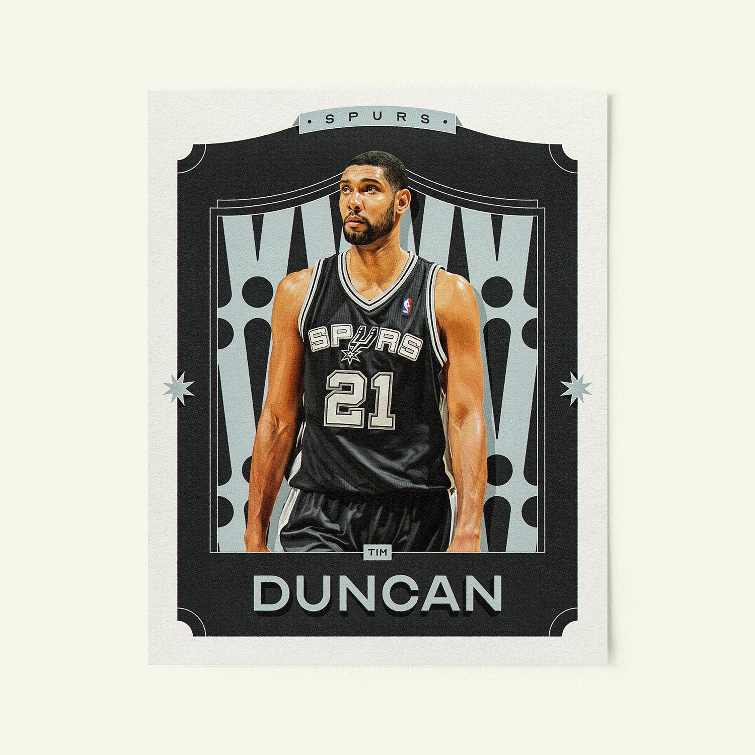 Poster of Tim Duncan of the San Antonio Spurs in a vintage trading card style.