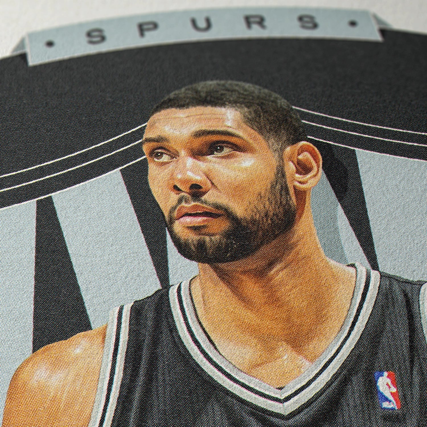 Closeup of our Tim Duncan San Antonio Spurs Poster showing the high-definition design quality and vintage graphic elements.