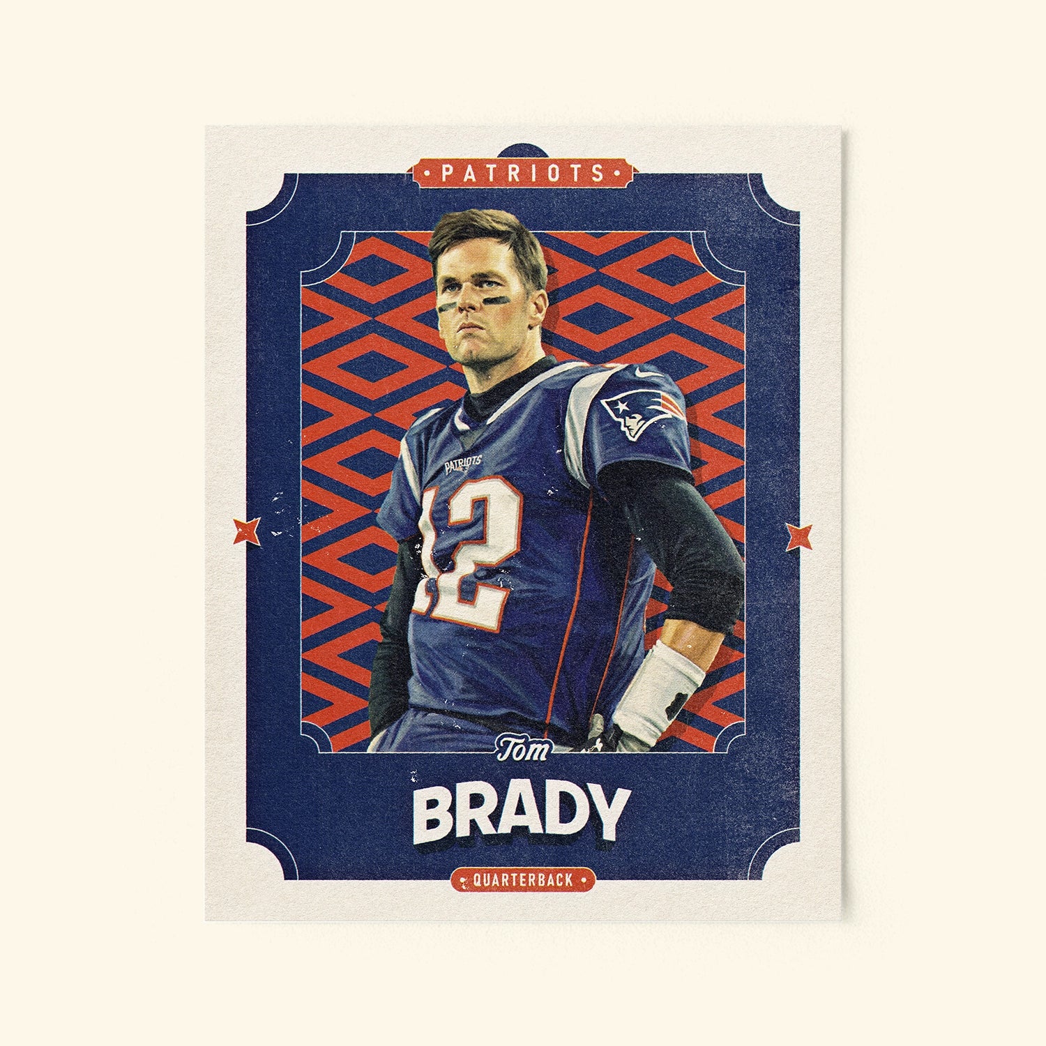 Poster of Tom Brady of the New England Patriots in a vintage trading card style.