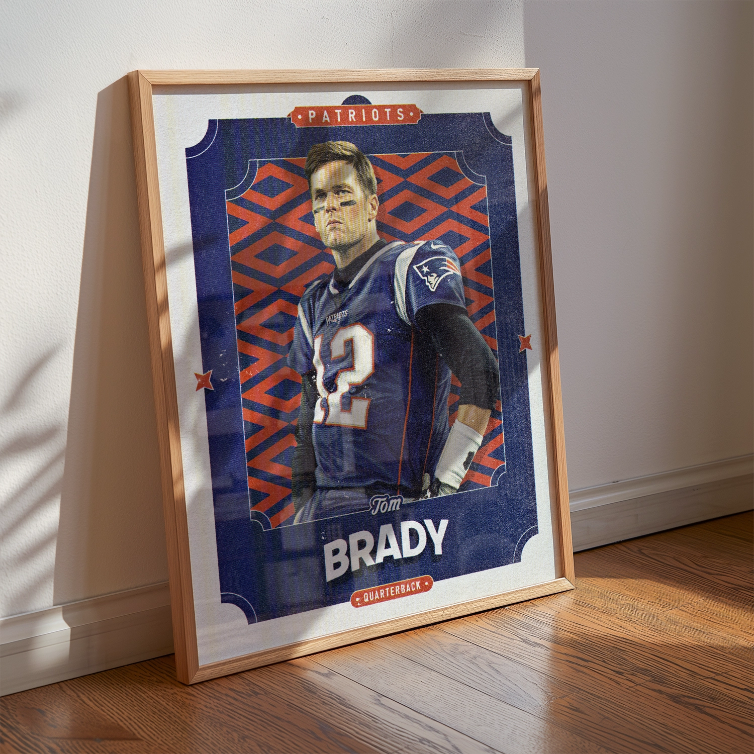 A Tom Brady poster displayed as modern sports wall art in the home of a New England Patriots fan.
