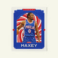 Poster of Tyrese Maxey of the Philadelphia 76ers in a vintage trading card style.