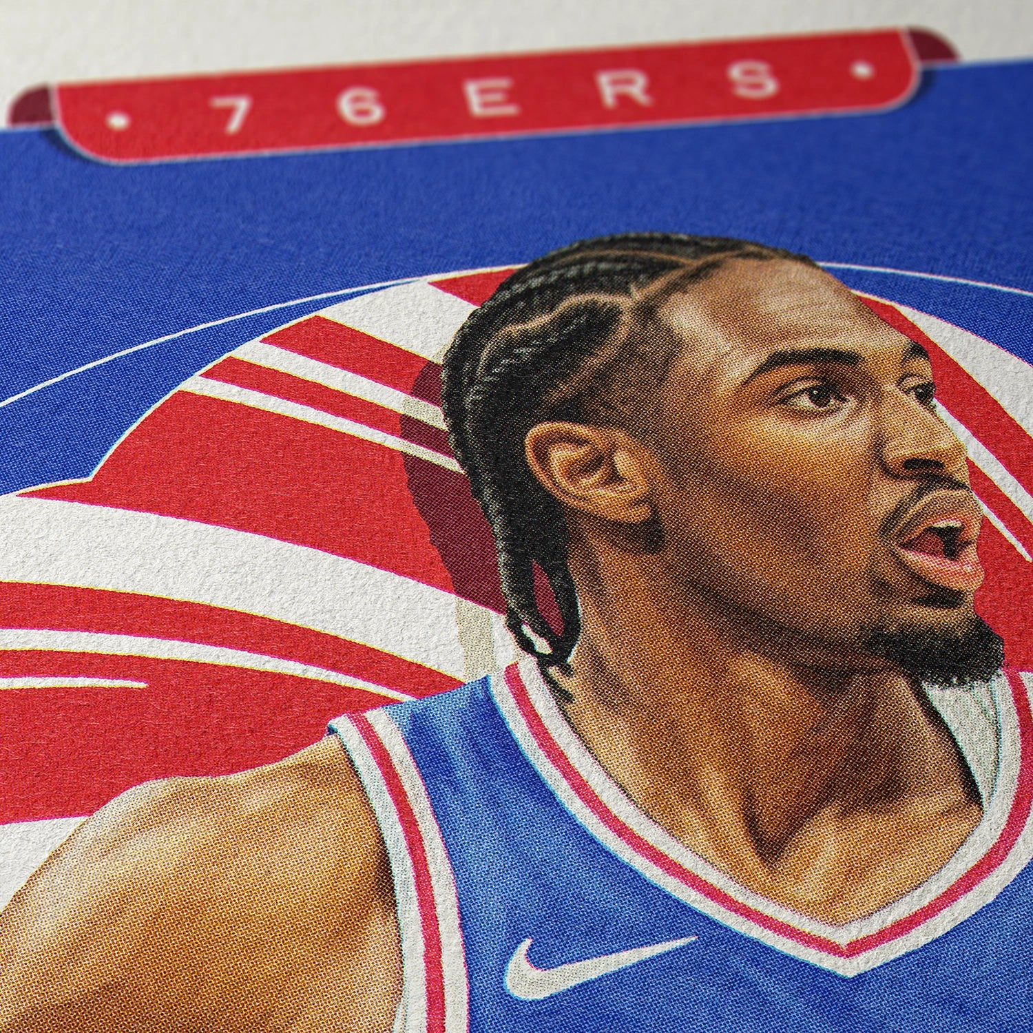 Closeup of our Tyrese Maxey Philadelphia 76ers Poster showing the high-definition design quality and vintage graphic elements.