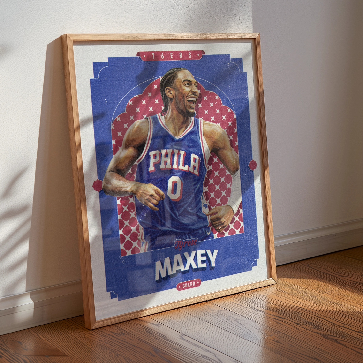 A Tyrese Maxey poster displayed as modern sports wall art in the home of a Philadelphia 76ers fan.