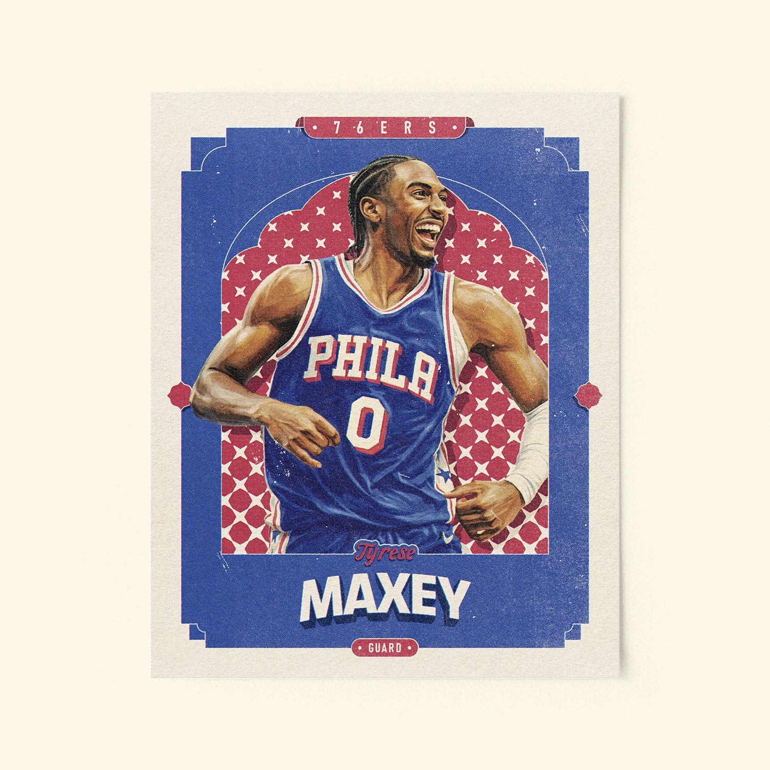 Poster of Tyrese Maxey of the Phildelphia 76ers in a vintage trading card style.