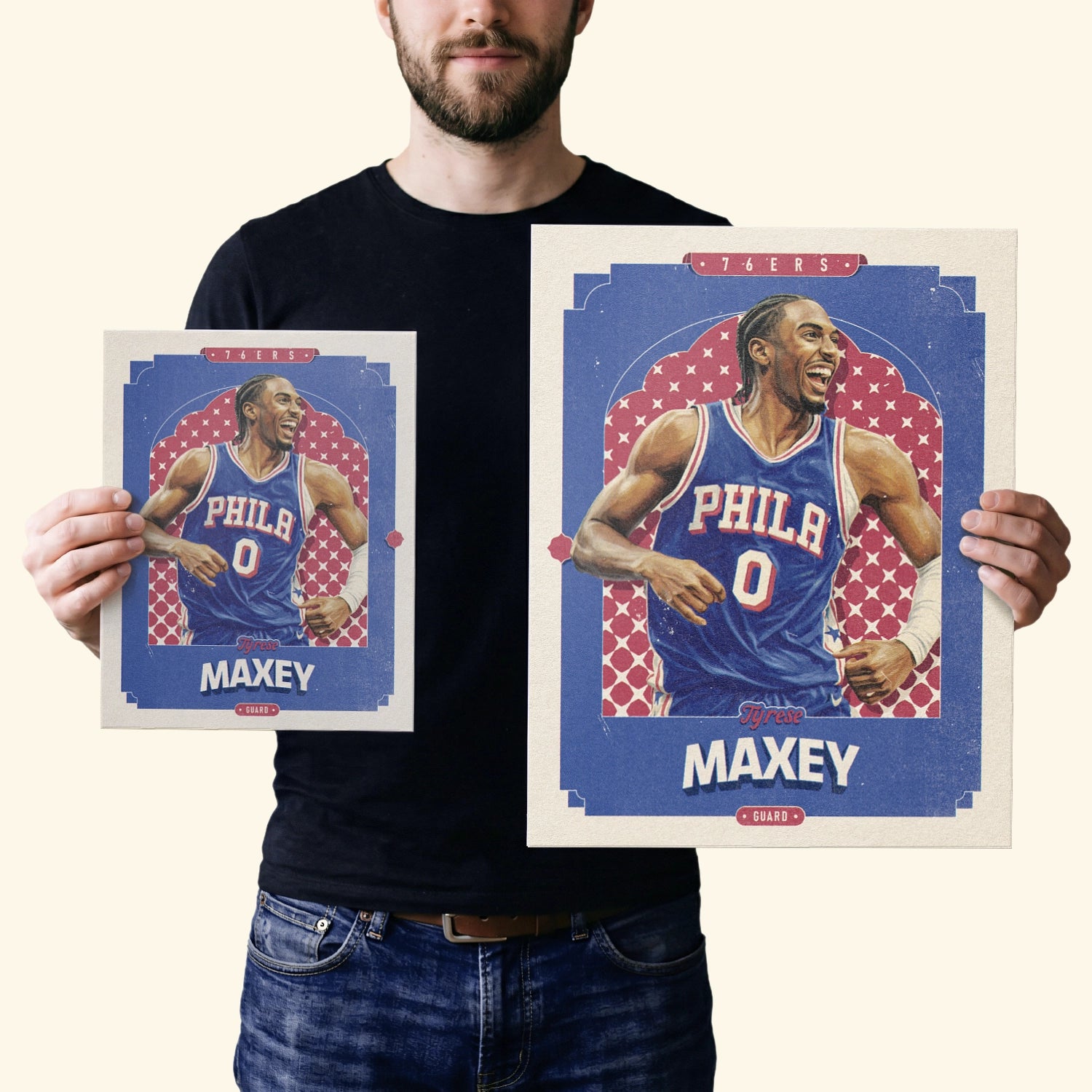 Two vintage inspired posters of Tyrese Maxey in the sizes 20x25cm or 8x10 inches and 40x50cm or 16x20 inches, held by a Philadelphia 76ers fan.