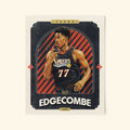 Poster of VJ Edgecombe of the Philadelphia 76ers in a vintage trading card style.
