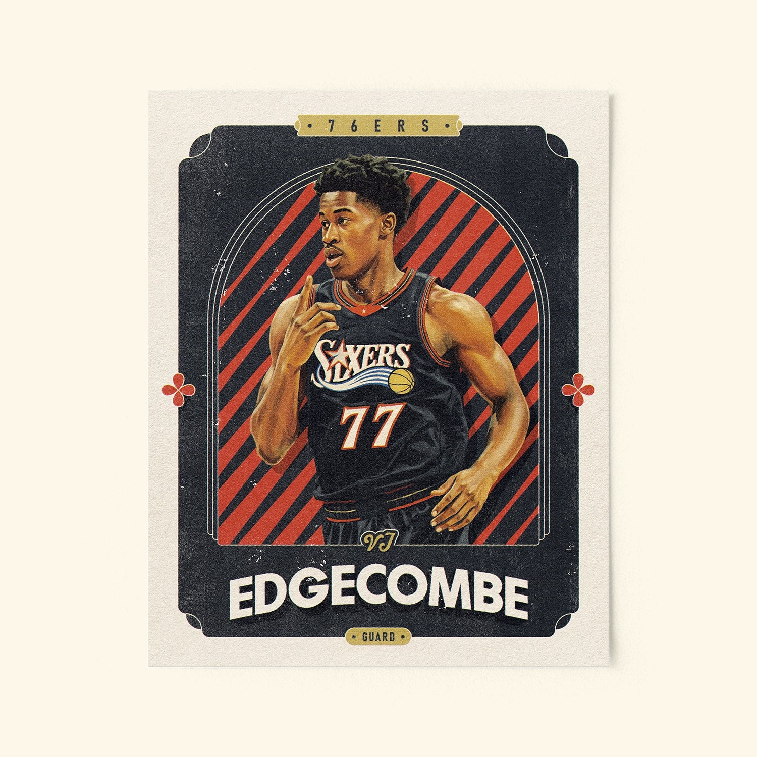 Poster of VJ Edgecombe of the Philadelphia 76ers in a vintage trading card style.