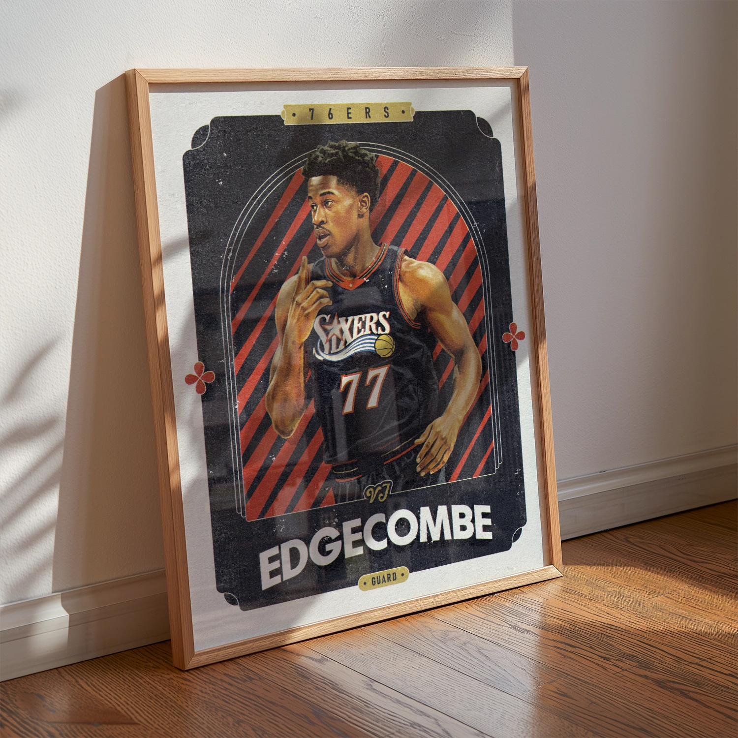 A VJ Edgecombe poster displayed as modern sports wall art in the home of a Philadelphia 76ers fan.
