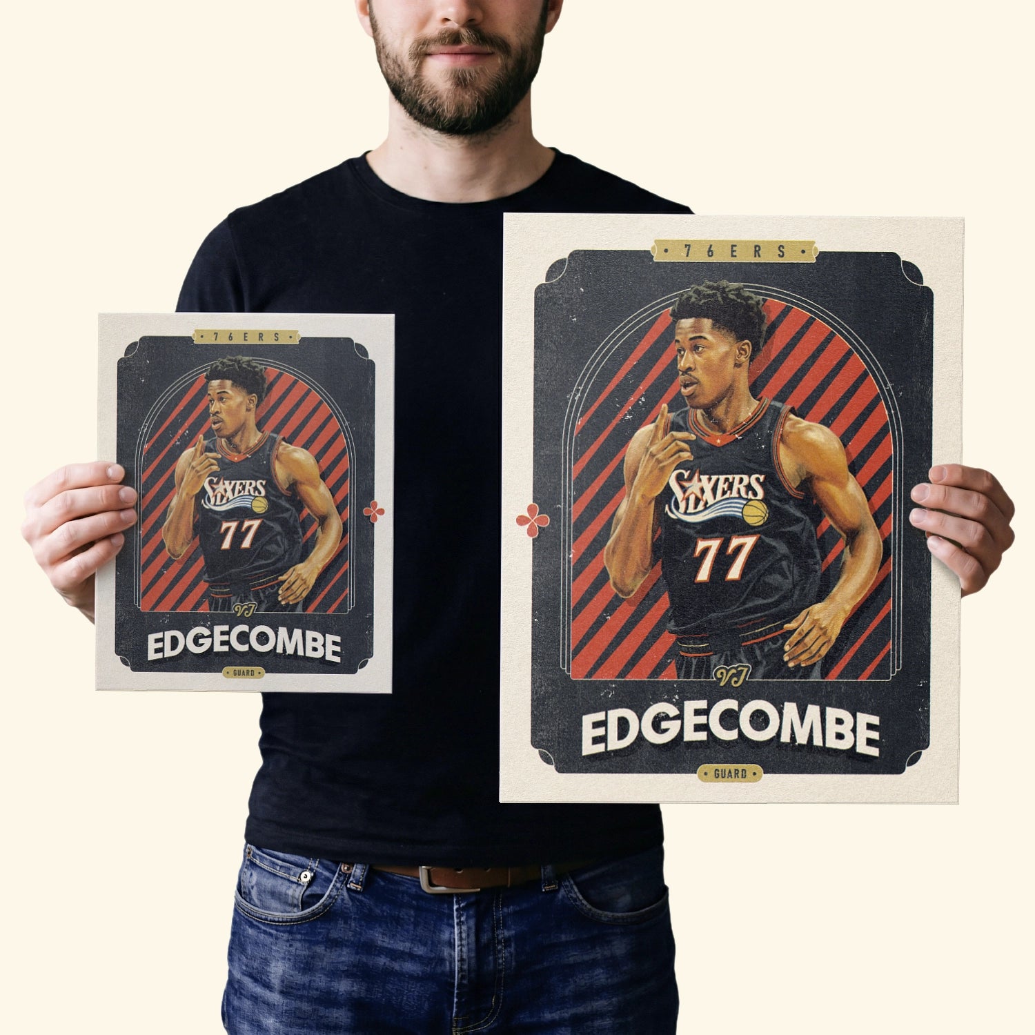 Two vintage inspired posters of VJ Edgecombe in the sizes 20x25cm or 8x10 inches and 40x50cm or 16x20 inches, held by a Philadelphia 76ers fan.