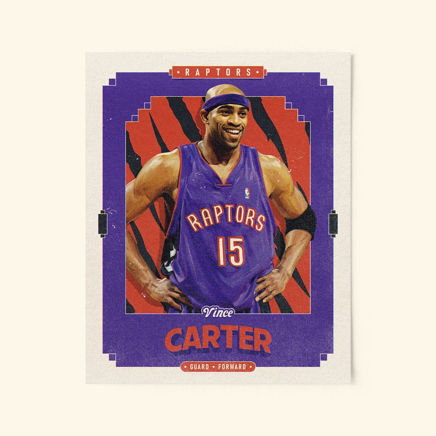 Poster of Vince Carter of the Toronto Raptors in a vintage trading card style.