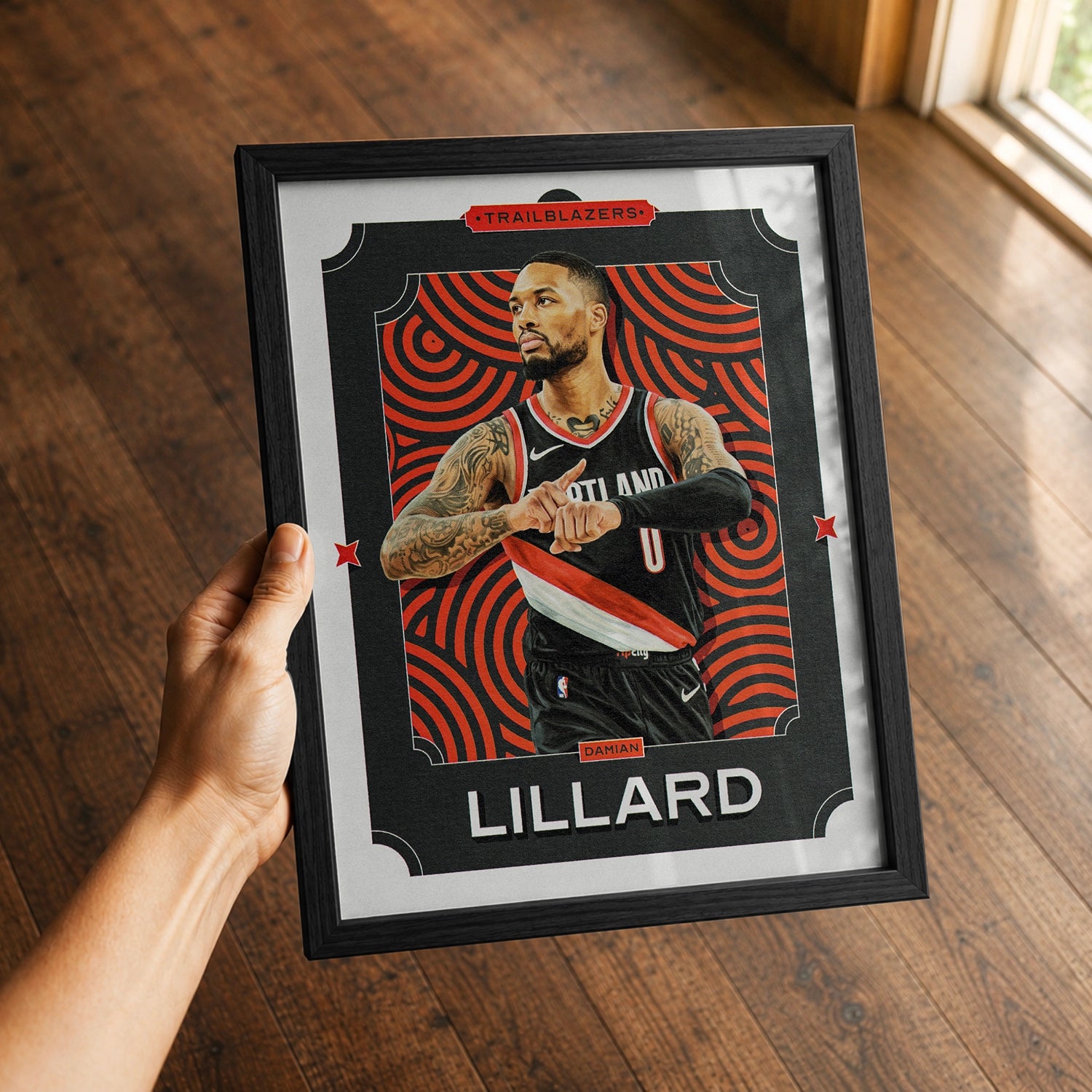 A premium damian lillard poster in a 8x10 frame being gifted to a portland trail blazers fan.