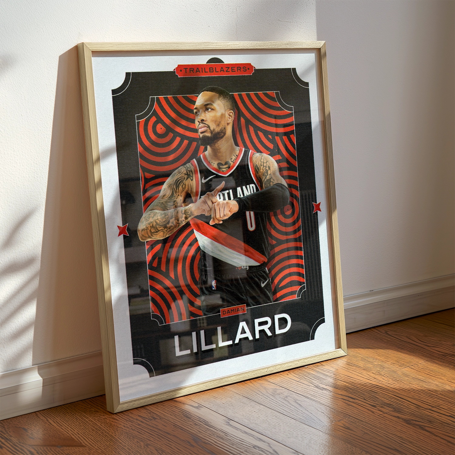 A damian lillard poster displayed as modern sports wall art in the home of a portland trail blazers fan.